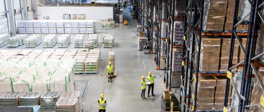 Pasillo central de bodega con racks y pallets, con productos almacenados a ambos lados.